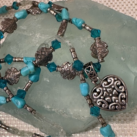 Reversible Heart Pendant Layered Turquoise & Sterling Silver Beaded Necklace - Picture 6 of 9